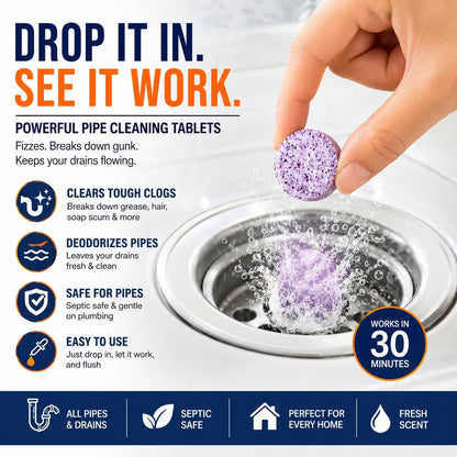 Drop pipe cleaning tablet into sink drain