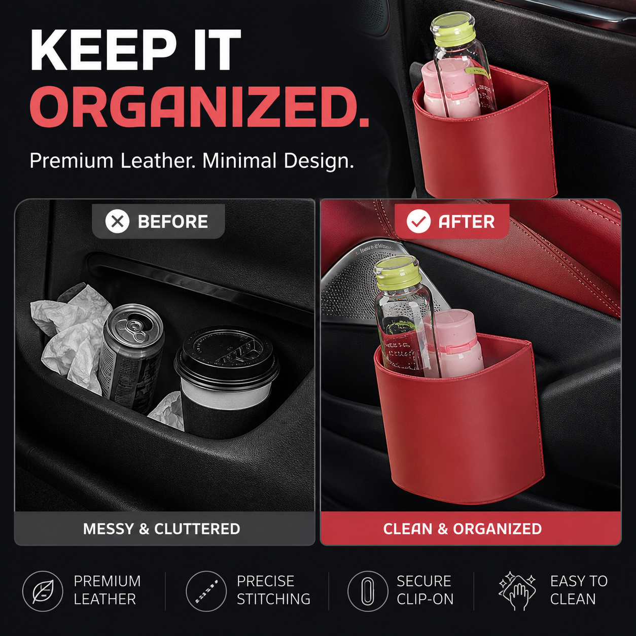 Leather Car Door Cup Holder – Wide‑mouth opening, easy reach for drinks & phone. Clip‑on secure fit. PU leather, tough & stylish. 🛡️✨
