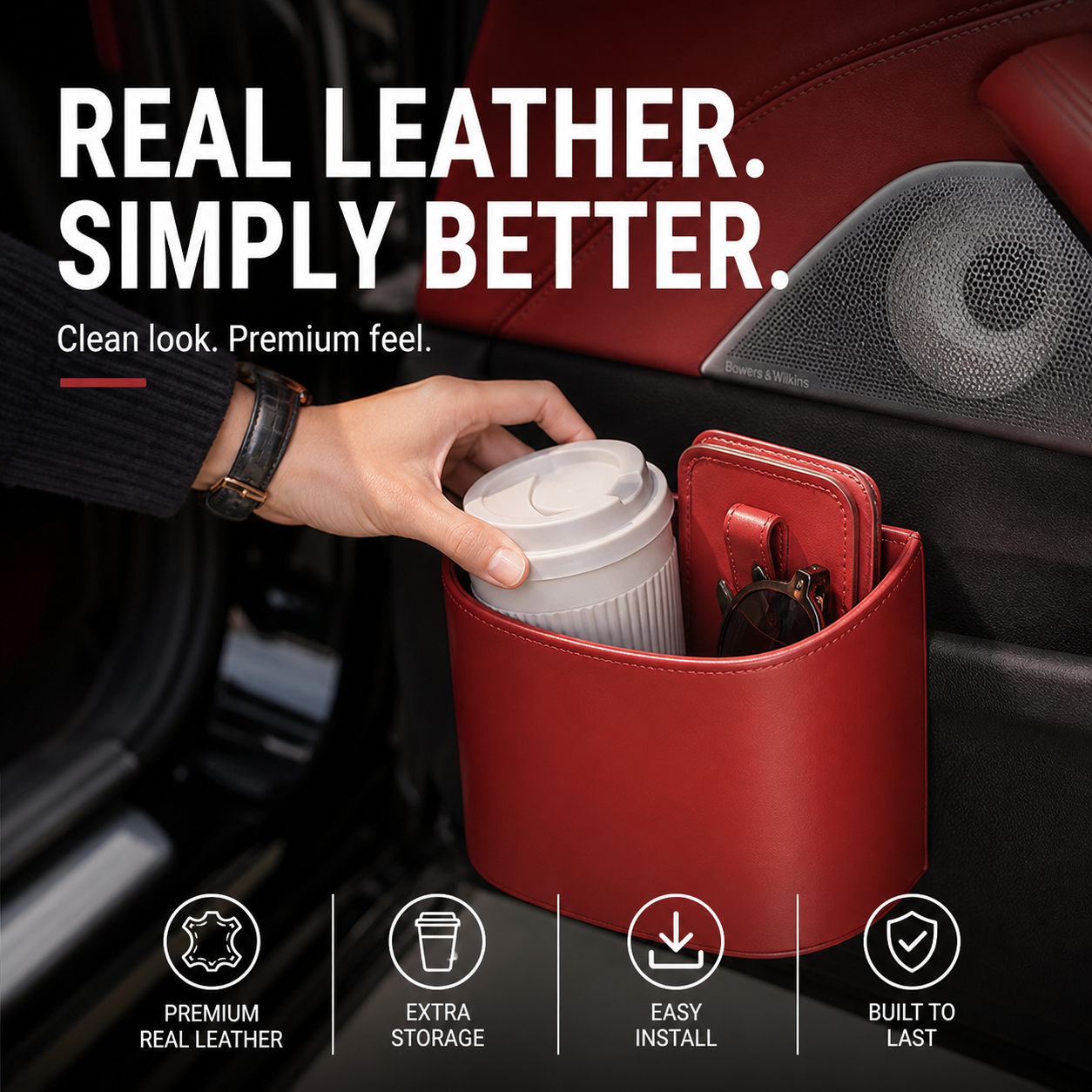 Leather Car Door Cup Holder – Wide‑mouth opening, easy reach for drinks & phone. Clip‑on secure fit. PU leather, tough & stylish. 🛡️✨