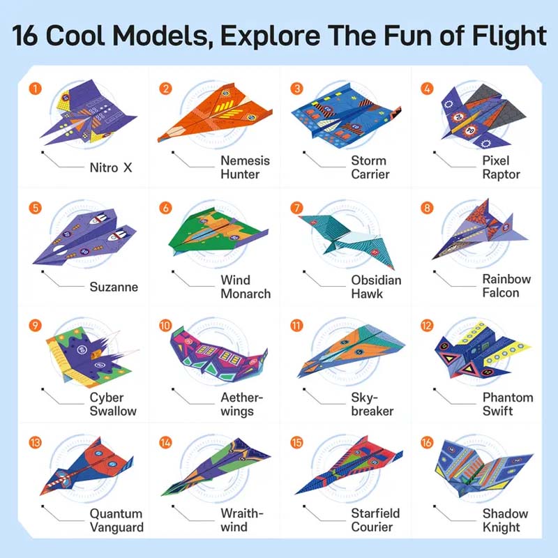 Sixteen colorful paper airplane models included in the creative DIY set
